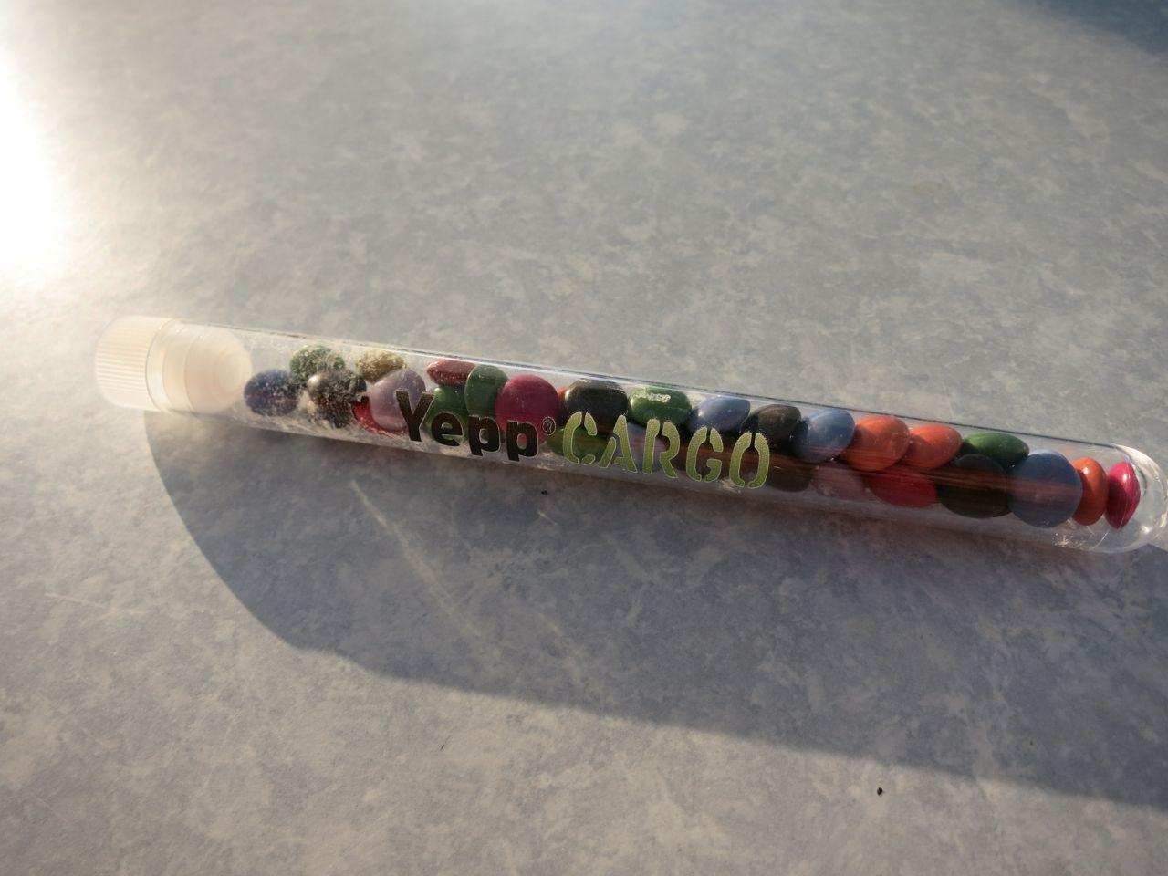Mini Smarties in a test tube,