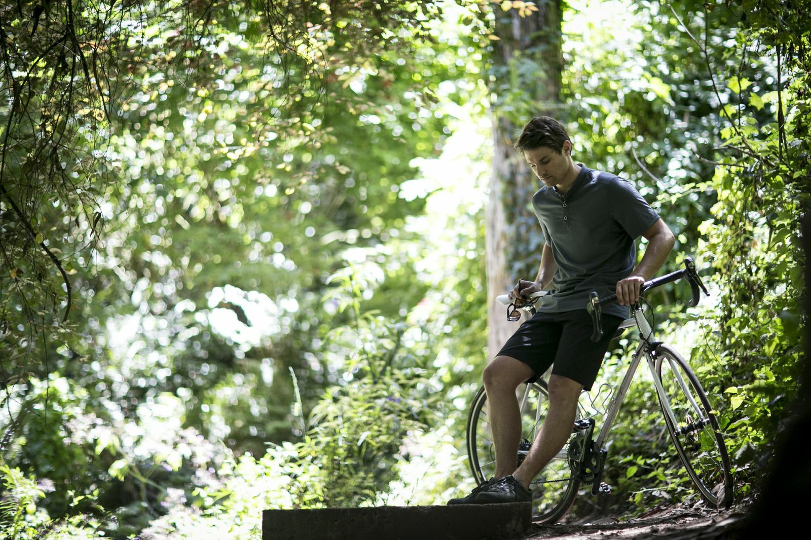 Not mountain biking exactly- but he is in the woods.