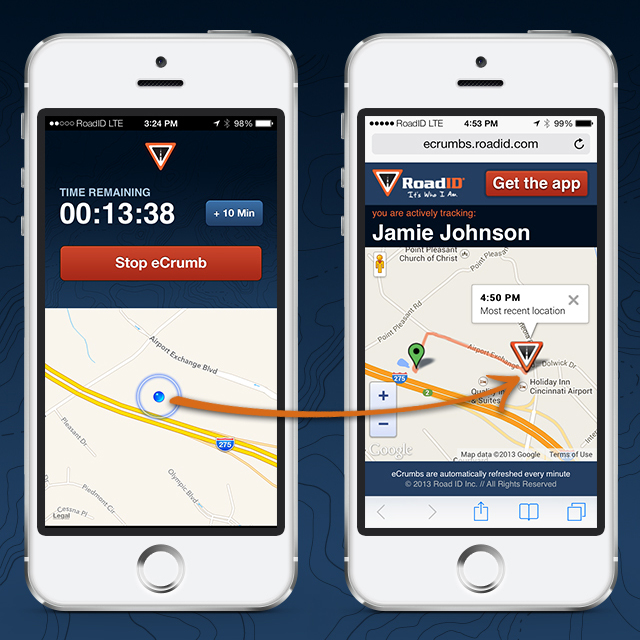 Friends can now watch your progress from home RoadID App eCrumb