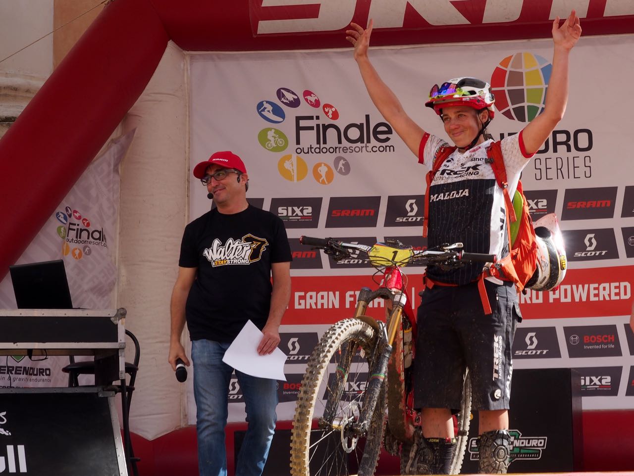 An emotional Tracy Moseley after announcing she won't be defending her title next year retirement ews enduro world series podium