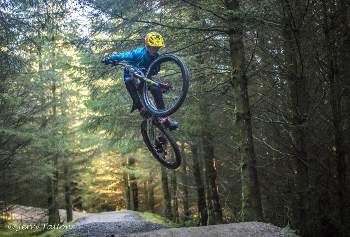 Harry Hemingway Age 11 styling it on on the Hope Line at Gisburn Forest during the enduro.