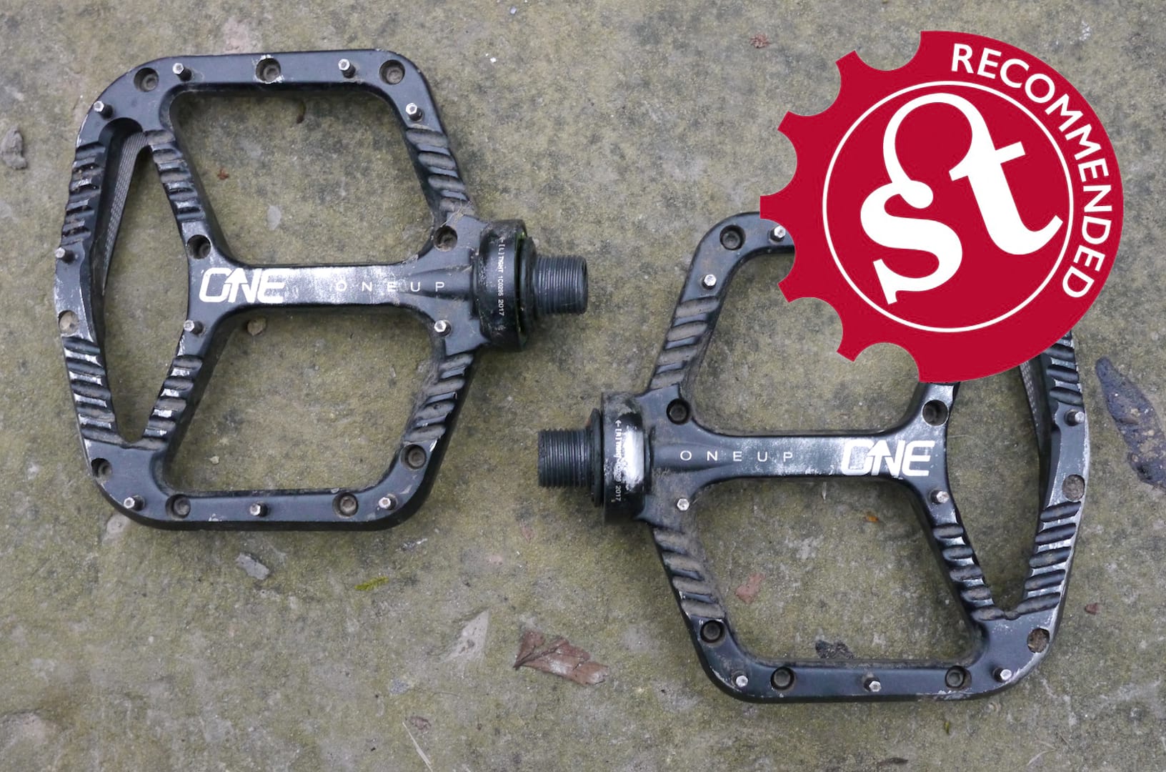 They've taken an absolute beating, but the OneUp flat pedals are still spinning freely.
