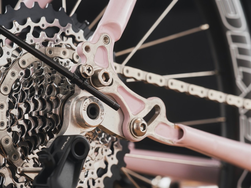 Close-up of a bicycle drivetrain featuring a pink component and metallic gears.