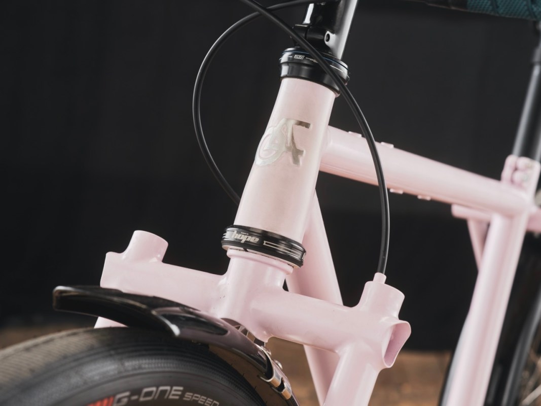 Close-up of a pink bicycle frame highlighting the fork, headset, and tire details.