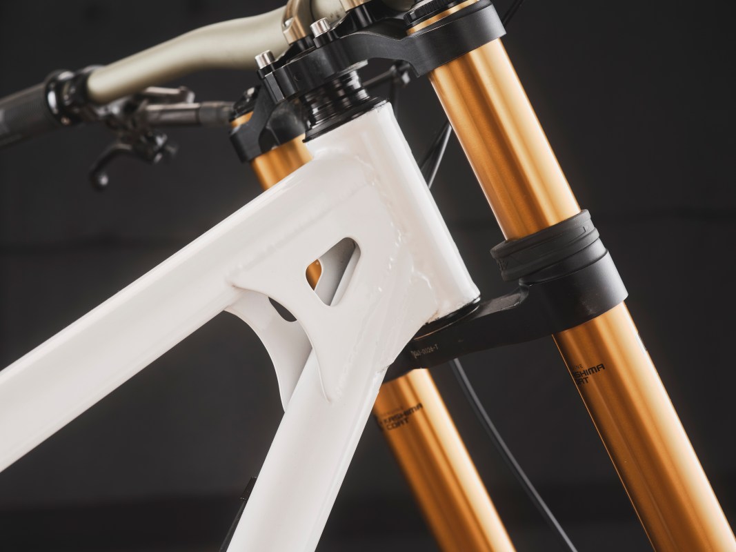 Close-up view of a custom-built downhill bike frame featuring a white steel frame with unique design elements and gold-colored suspension forks.