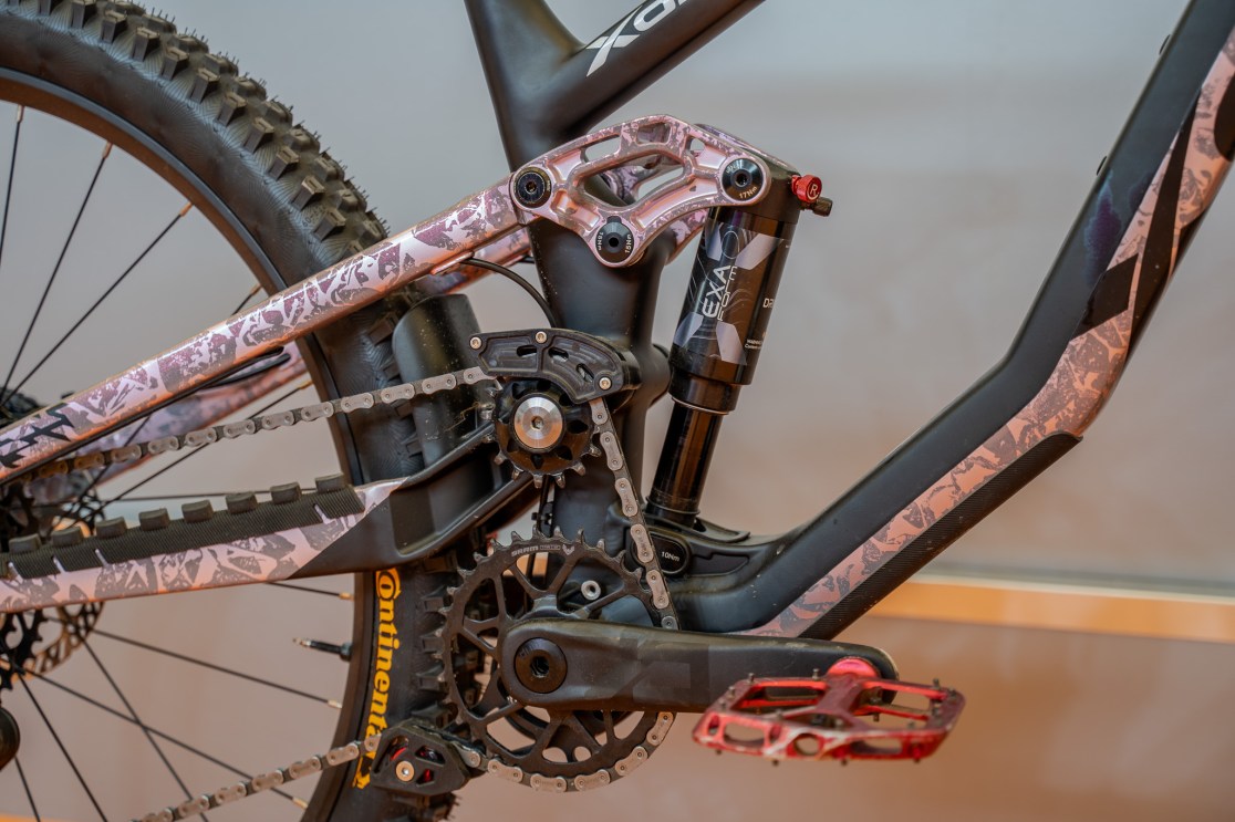 Close-up view of a mountain bike's drivetrain and rear suspension system, showcasing intricate components and a distinctive frame design.