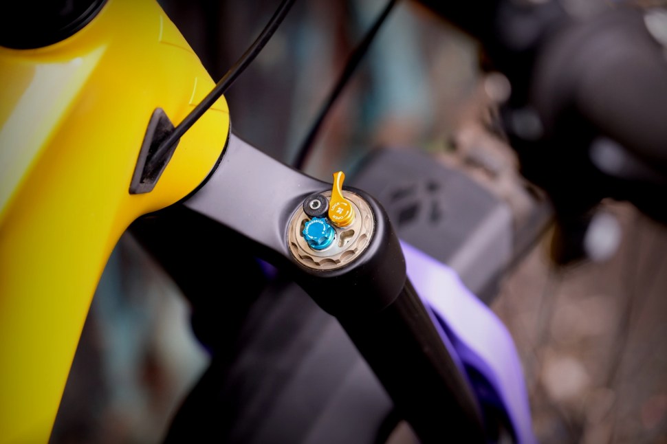 Close-up of the Formula Selva V mountain bike fork showing the crown and adjustment dials against a blurred background.