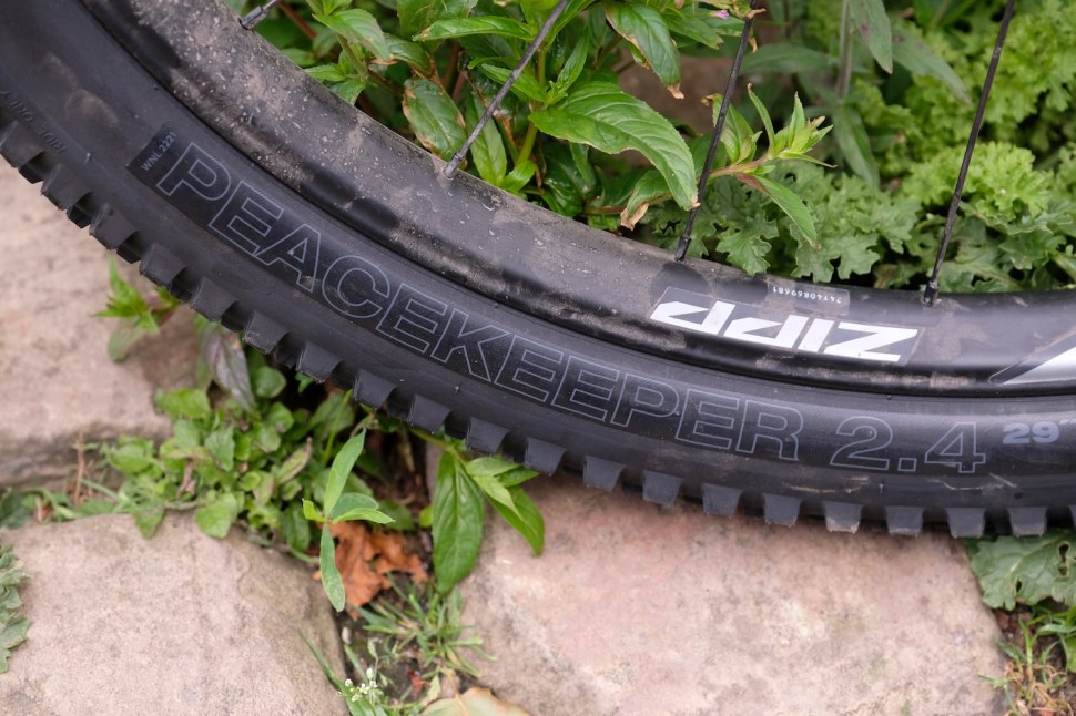 Close-up of a WTB Peacekeeper 2.4 mountain bike tire, showing its tread pattern and labeling, surrounded by greenery.