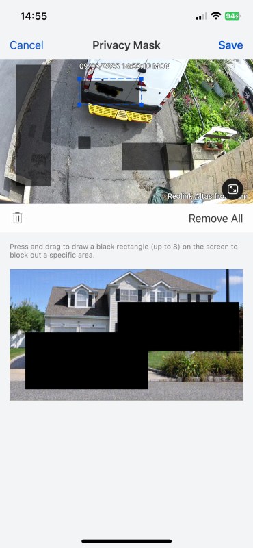 Screenshot of the Reolink Altas security camera app showing the privacy mask feature, allowing users to block out specific areas in the camera's view.