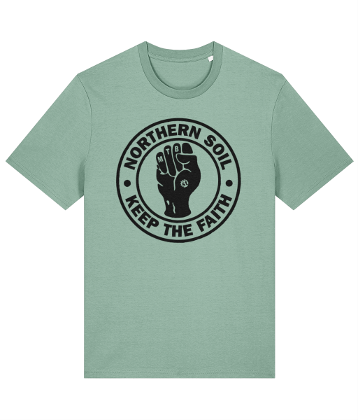 Light green t-shirt featuring a graphic design of a raised fist with the text 'NORTHERN SOIL' and 'KEEP THE FAITH' encircling it.