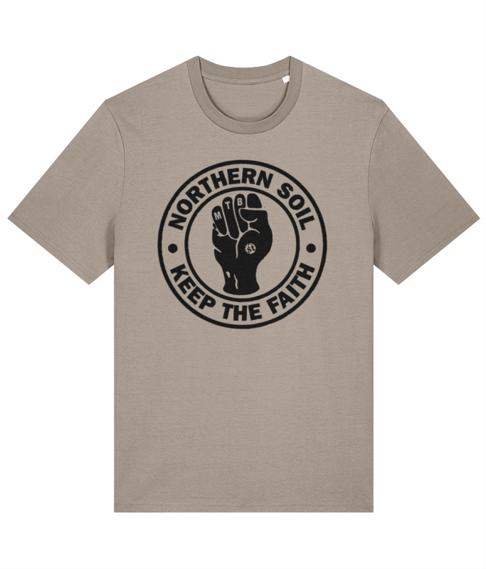 A beige t-shirt featuring a circular graphic with the text 'NORTHERN SOIL' and 'KEEP THE FAITH', along with a raised fist symbol and the letters 'MTB' inside the design.