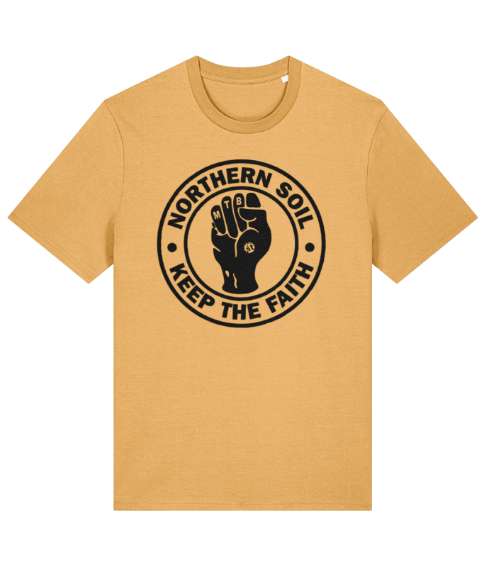 Yellow t-shirt featuring a black circular logo that reads 'NORTHERN SOIL' at the top and 'KEEP THE FAITH' at the bottom, with an illustration of a raised fist in the center.
