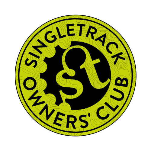 Logo of the Singletrack Owners' Club featuring a stylized gear and the letters 'st' on a yellow background.