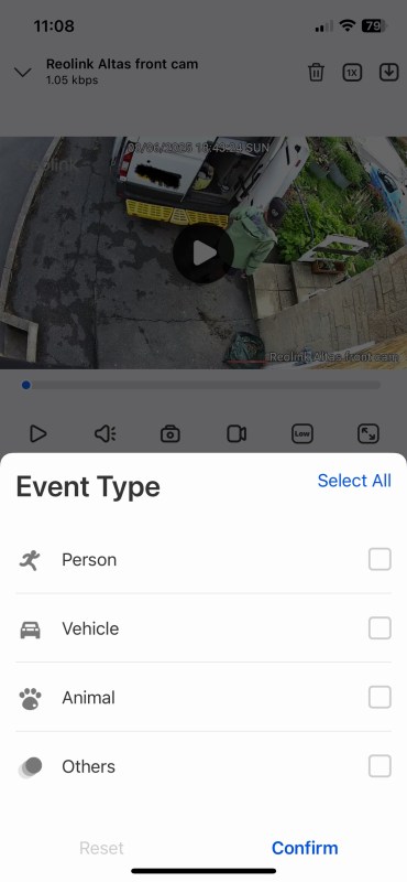 Screenshot of the Reolink Altas security camera app showing live footage and event type selection options for person, vehicle, animal, and others.