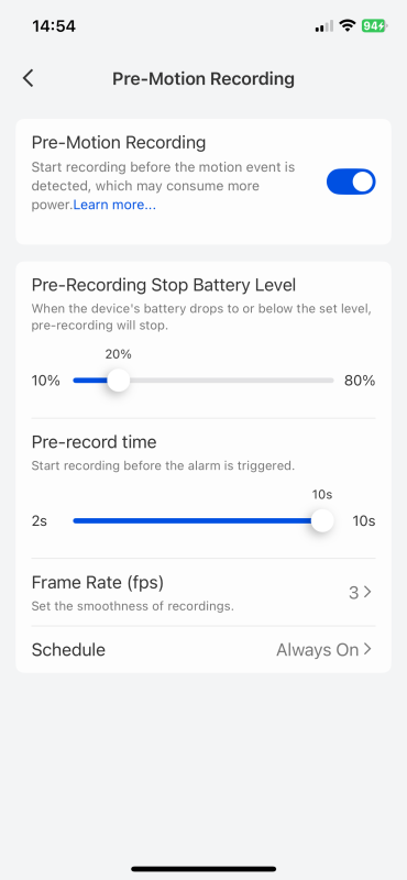 Screenshot of the Reolink Altas security camera app interface, displaying settings for pre-motion recording, battery level, pre-record time, frame rate, and scheduling options.