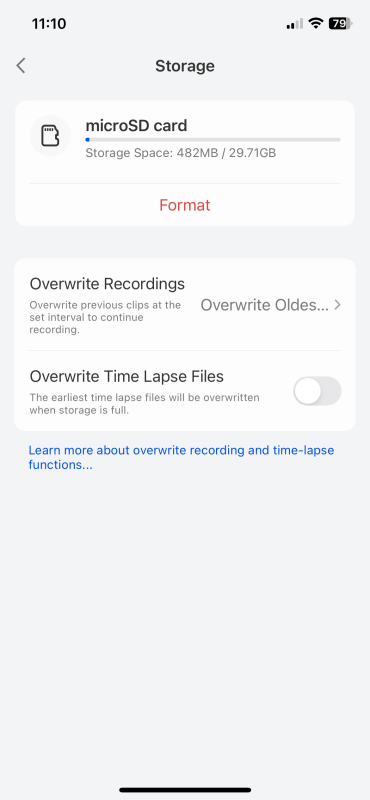 Screenshot of the Reolink app displaying microSD card storage information, indicating available space and settings for overwriting recordings.