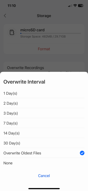 Screenshot of the Reolink camera app storage settings, displaying available microSD card space and options for adjusting overwrite recording intervals.