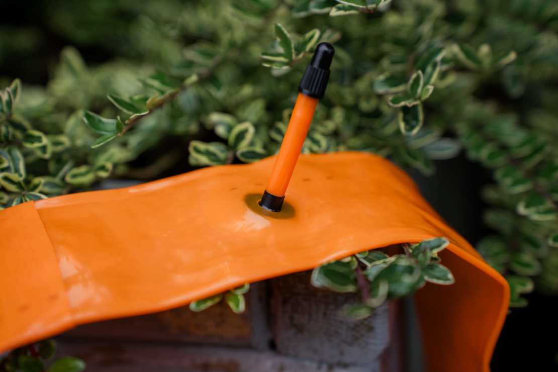 A bright orange Tubolito bike tube resting on a brick surface, partially surrounded by greenery.