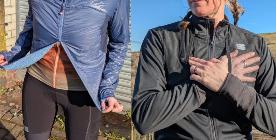 A split image featuring two women's jackets: on the left, a shiny blue puffy jacket with a zipper slightly open, revealing a layer underneath; on the right, a black windproof jacket with a woman placing her hands on her chest in a casual outdoor setting.