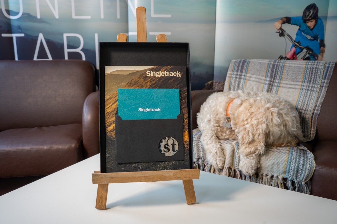 A framed magazine titled 'Singletrack' displayed on a wooden easel, with a small decorative element featuring the initials 'st'. A fluffy white dog is seen resting on a couch in the background.