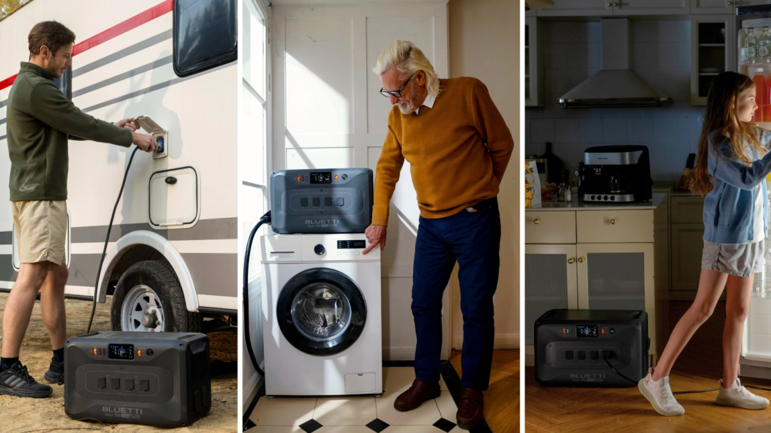 A man connecting a BLUETTI power station to an RV, a senior man operating a washing machine with a BLUETTI power station on top, and a girl reaching for a refrigerator with a BLUETTI power station in the kitchen.