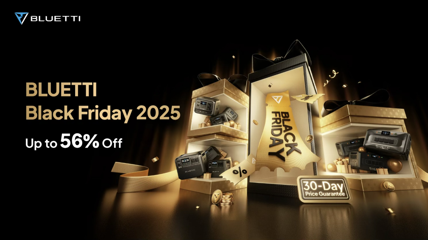 Promotional image for BLUETTI Black Friday 2025, featuring power stations and solar panels with text highlighting discounts of up to 56% off, set against a golden background with gift boxes.