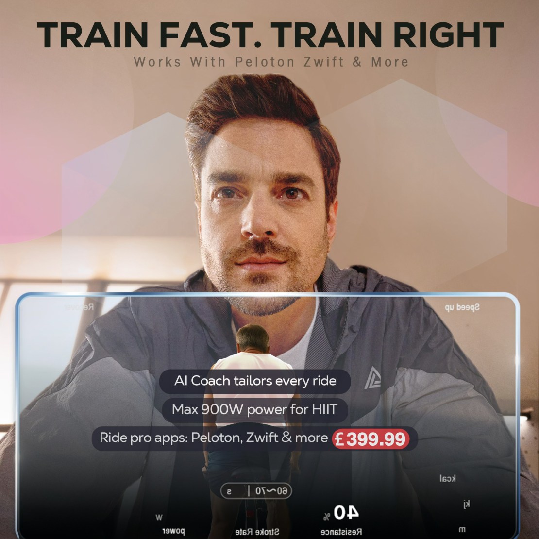 Close-up of a person indoors with a focused expression, promoting an indoor bike training program with the text 'Train Fast. Train Right' and details on functionality with Peloton and Zwift.